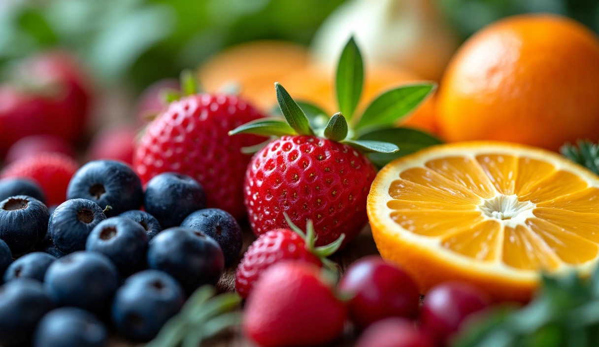 A vibrant close-up of various colorful fruits and vegetables, rich in antioxidants, with a subtle glow, symbolizing health and wellness.